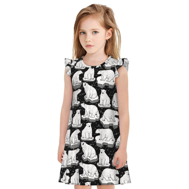 Fotbe Cute Cartoon Polar Bear Vestido de Dormir para Niñas de 3 a 10 Años, Mangas Cortas, Estilo Princesa, Pijama Camisón con Mangas Voladas-Large