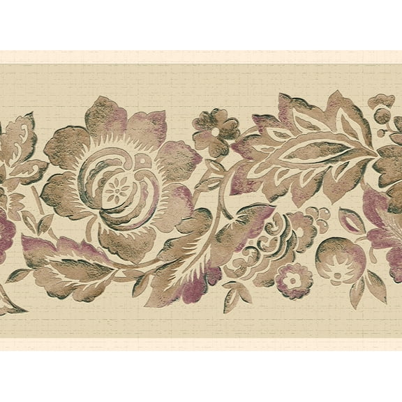 Dundee Deco's Peel and Stick Wallpaper Border - Floral Tan Purple Flowers Vines Wall Border Retro Design, 15 ft x 7 in, Self Adhesive