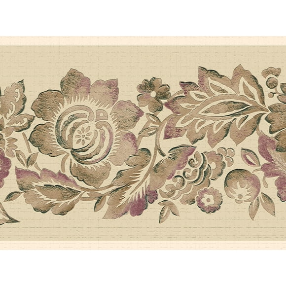 Dundee Deco's Peel and Stick Wallpaper Border - Floral Tan Purple Flowers Vines Wall Border Retro Design, 15 ft x 7 in (4.57m x 17.78cm), Self Adhesive