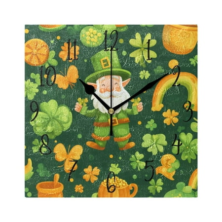 WOBOGO St Patricks Pattern with Leprechaun and Shamrock Wall Clock 7.78 Inch Battery Operated Silent Unit Square Rustic Vintage Style for Home Bedroom Office Black Pointer