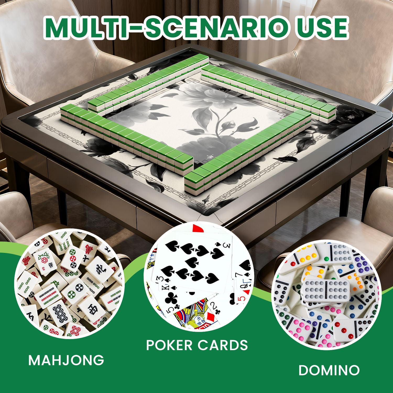 Mahjong Mat 31.5" x 31.5" Seamless black white flowers Hand draw abstract floral Non-Slip Noise Reduction American Mahjong Tiles Table Cover for Dominoes Poker Card Board Games Gift