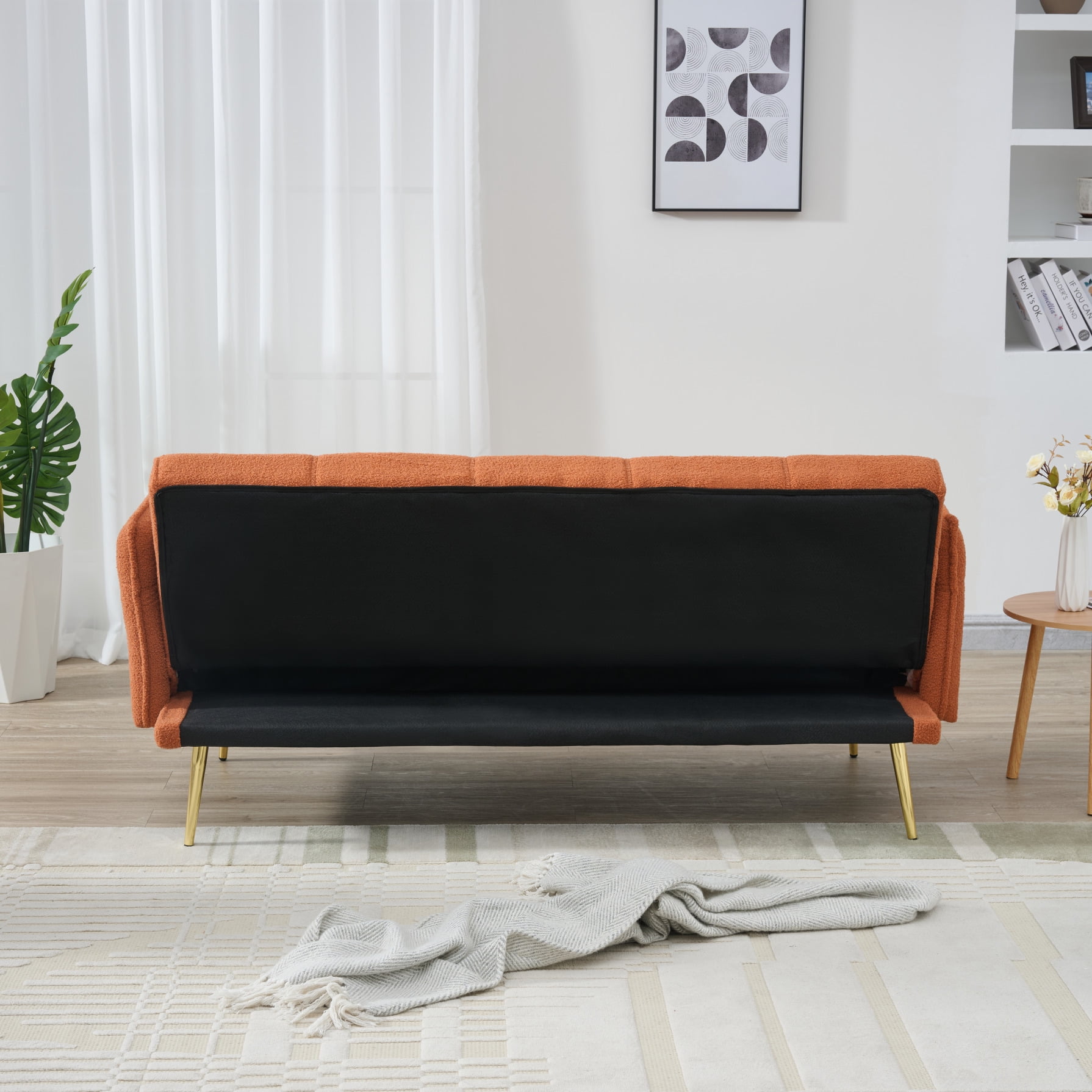 70" Teddy Velvet Futon Sofa Bed with Adjustable Arms and Backrest, Modern Convertible Futon Couch with Metal Legs & Pillows, Modern Loveseat for Living Room, Bedroom, Orange