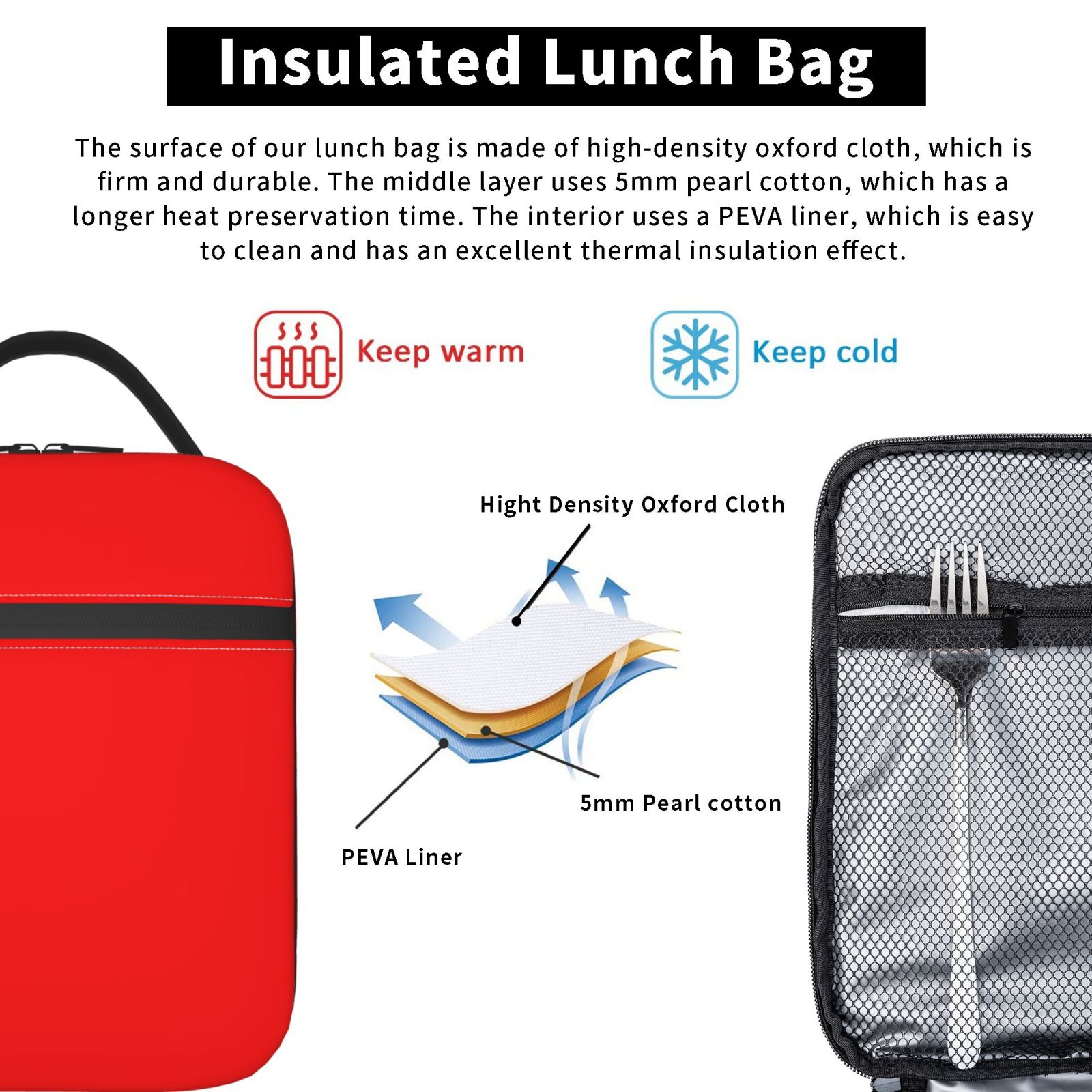 Lunch Bag For Women Men Insulated Portable Lunch Box Bento Box Office Picnic Travel Cooler Bag Red