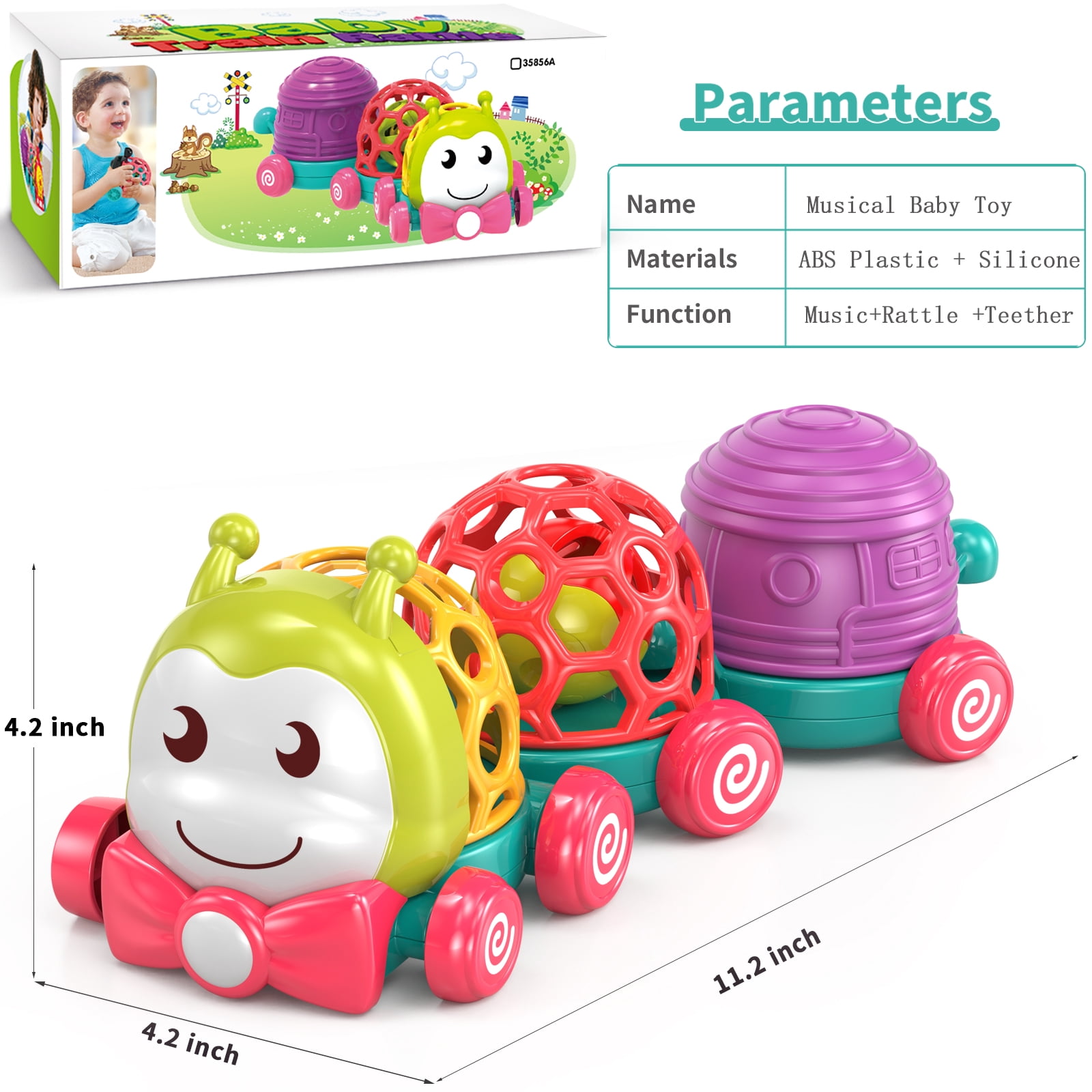Wanonoo Caterpillar Car Toys for Babies 6-12 Months Infant Musical Push & Go Crawling Toy for Toddler Sensory Soft Developmental Grasp Baby Toy Car for 7 8 9 10 11 18 Month 1 Year Old Boys Girls Gift