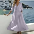 thumbnail image 5 of Josdec Women's V-Neck Lace Trim Dresses 3/4 Sleeve Empire Waist A-Line Solid Color Cotton Linen Casual Dress for Weekend Outings Wear S-XXL, 5 of 9