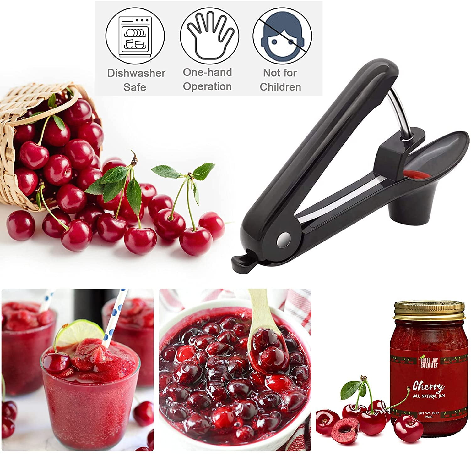 Non-Slip feet LEVIVO Cherry Pitter Stainless Steel Components Cherry Core Remover with a Slanted Chute and a Large Pit Box 2 Silicone Cherry Holders Dishwasher Safe 