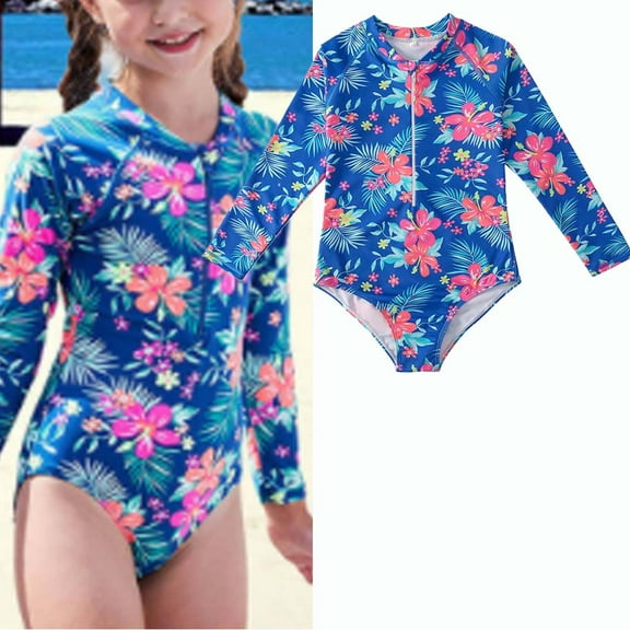 URMAGIC 2-12Y Little Girls Long Sleeve Zipper One Piece Swimsuit Toddler Floral Baching Suit