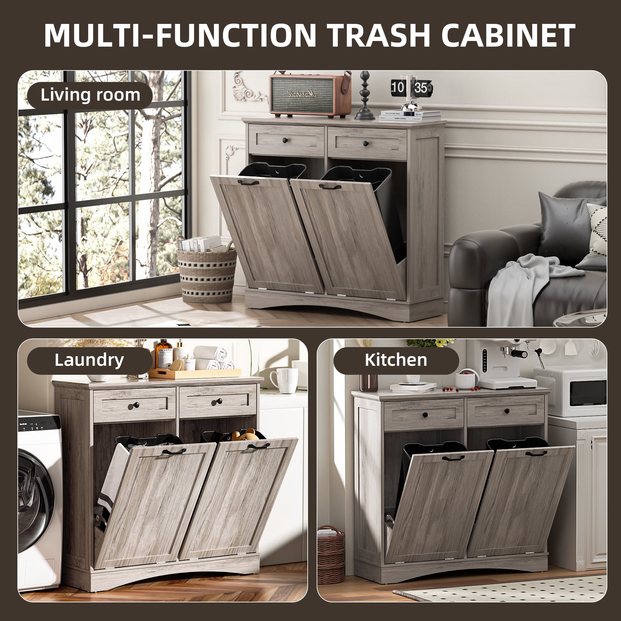 HARIPUL Double Tilt Out Trash Cabinet, 26 Gallon Trash Can Cabinet with Drawers & Handles for Kitchen, Gray