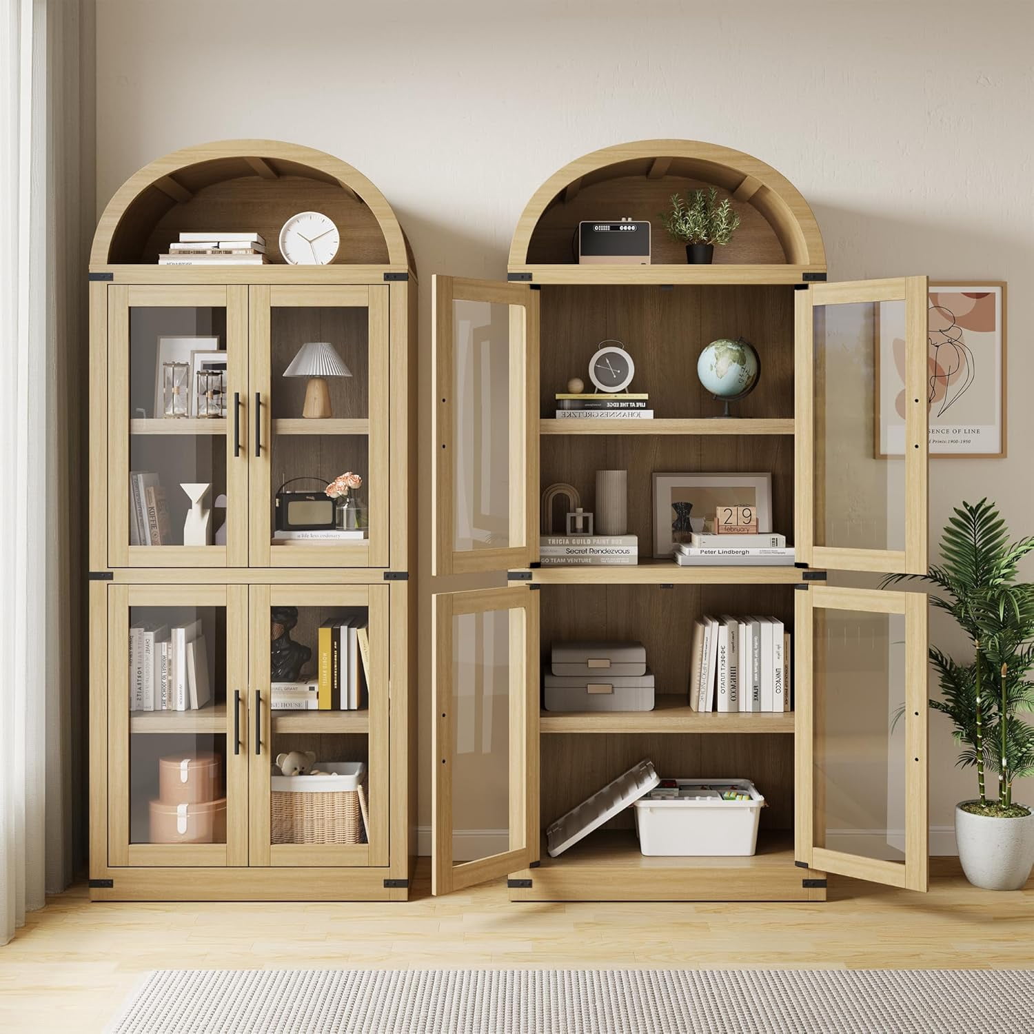 Memoryfield 72" Tall Arched Bookcase with Glass Doors, 5 Tier Display Bookshelf Storage Cabinet, Modern Floor Standing Organizer for Home Office Living Room, Natural