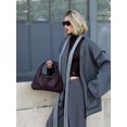 thumbnail image 2 of Chaqueta de lana con borde de cuero gris para mujer, abrigos elegantes con cuello en V y cinturón con bolsillos, ropa de calle alta para mujer, moda de otoño, nuevo, 2 of 5
