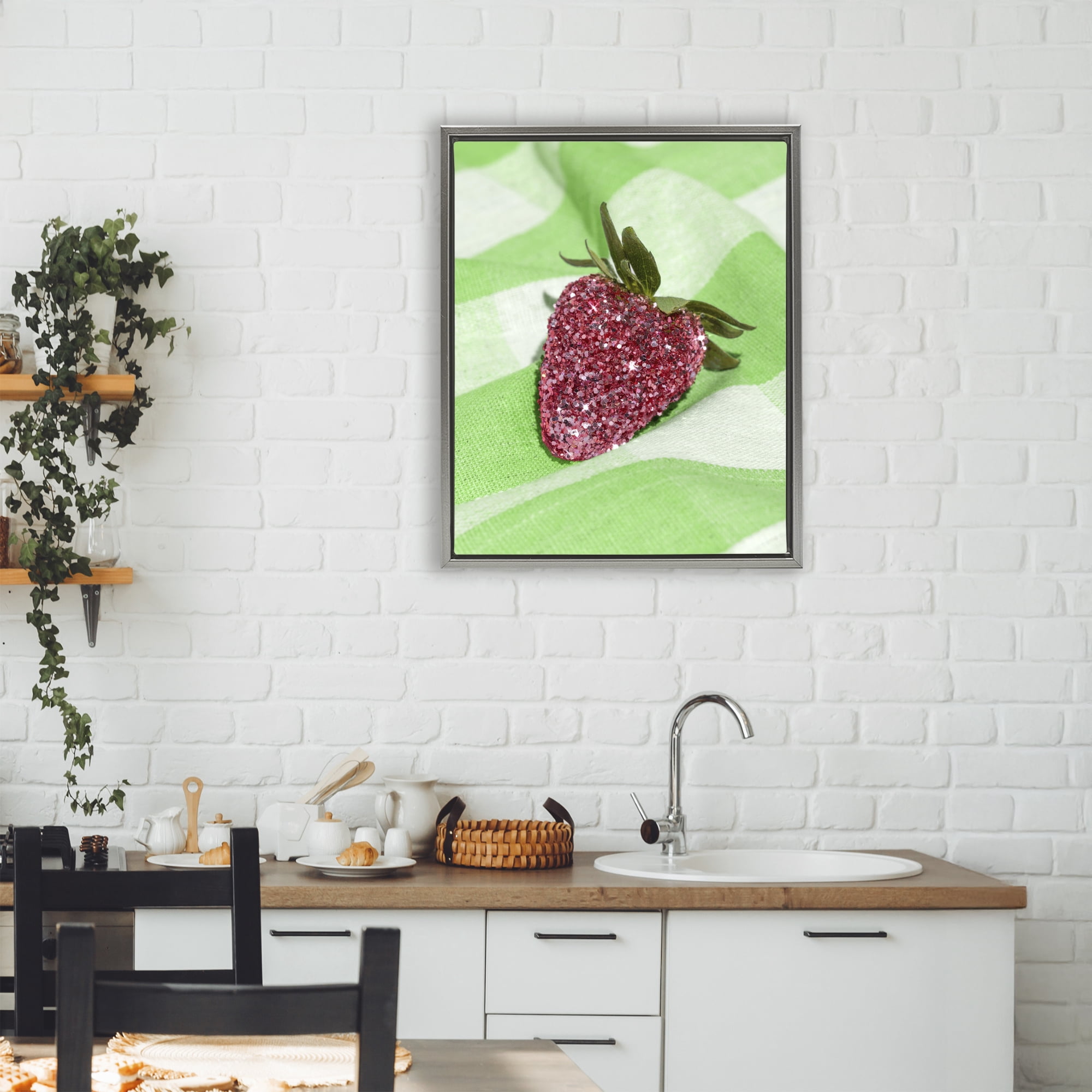 Stupell Industries Glimmer Strawberry on Green Gray Framed Floater Canvas Wall Art, design by LISH Creative