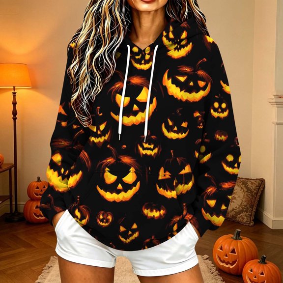 Hoodies for Women JIANLAI Halloween Sweatshirt Long Sleeve Drawstring Hoodie With Front Pocket, Casual Fall Winter Graphic Tops