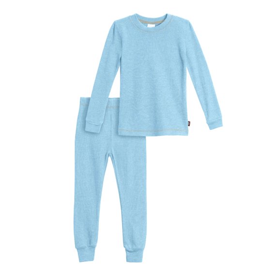 Made in USA Boys Soft Cozy Thermal 2-Piece Long Johns | Bright Light Blue w- Orange Stitch