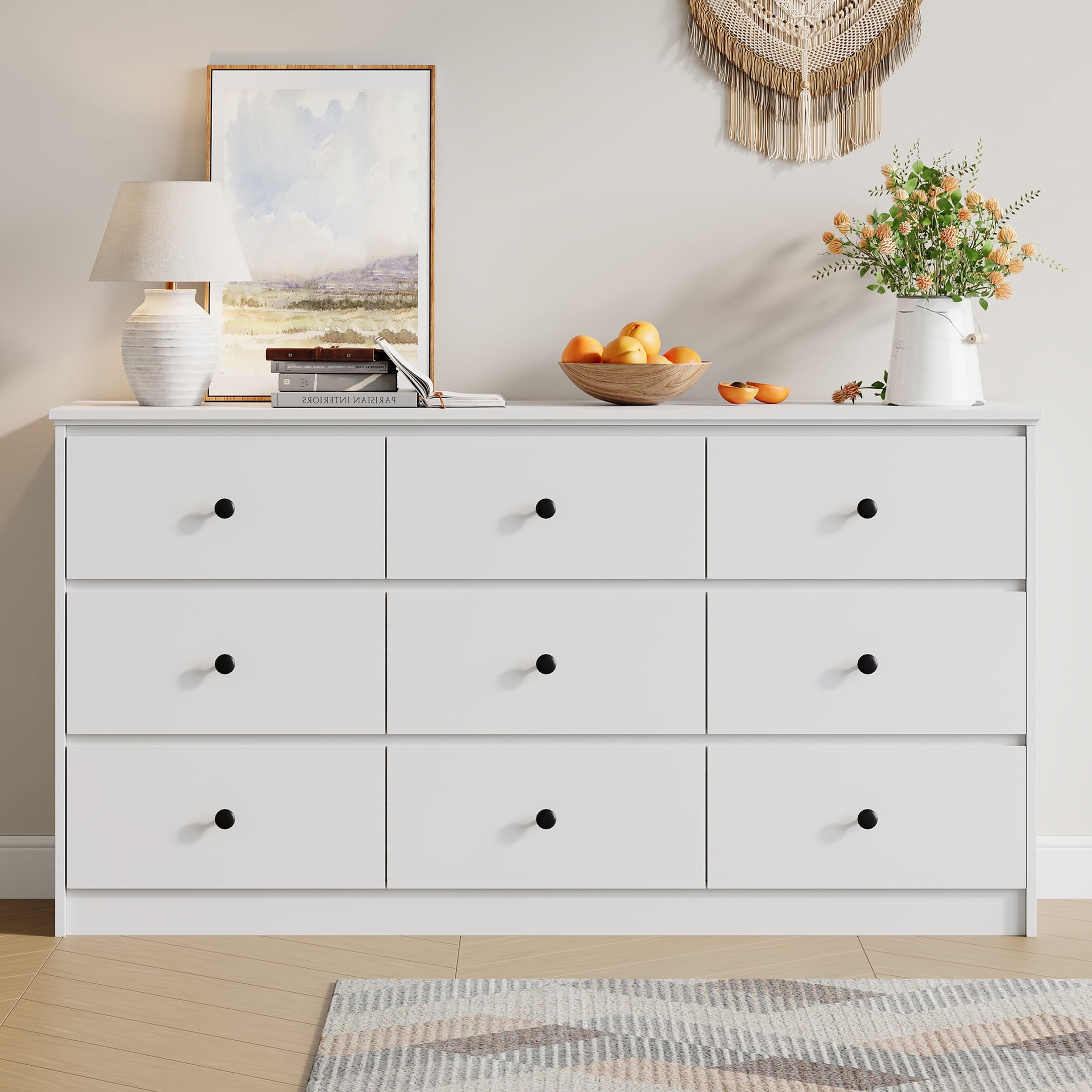 YouTrend 9 Drawer Dresser for Bedroom, White Wood Adult Dresser Cabinet with Metal Handles for Living Room, Hallway