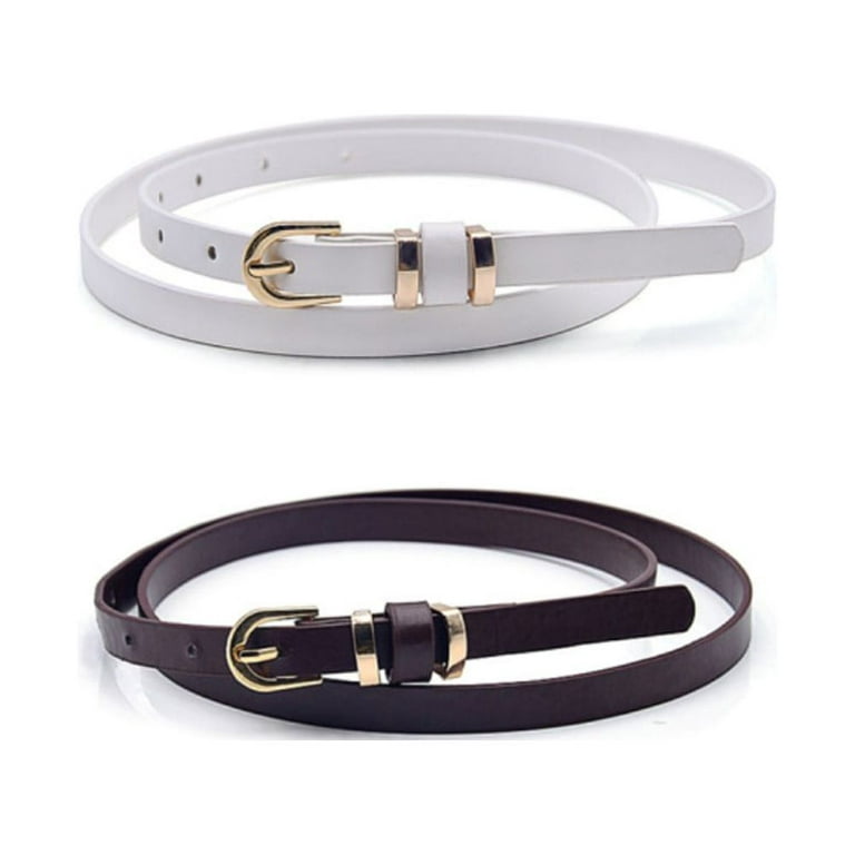 Bodychum 2 Pcs Women Skinny Leather Belt Invisible Thin Belts PU Waist Belt  with Gold Buckle Belts for Jeans Pants, Coffee+Brown