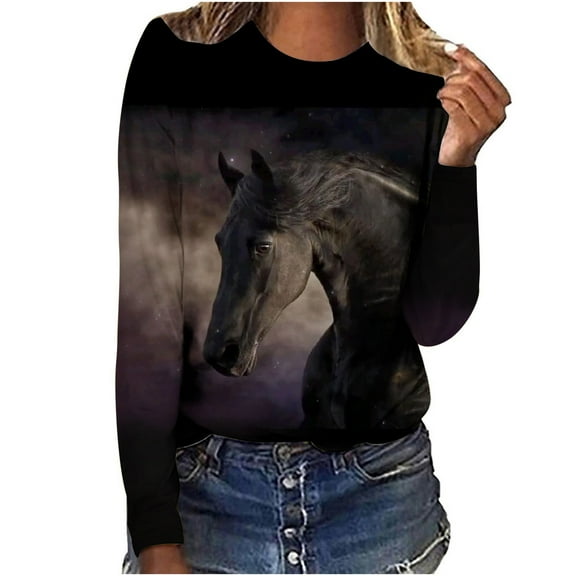 Wild Horse T-Shirt Women's Long Sleeve Crewneck Tops Mustang Nature Animal Lovers Wildlife Shirts 3D Graphic Tees