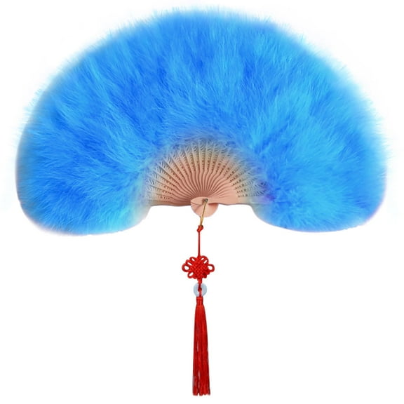 Premium Fluffy Feather Hand Fan - Elegant Vintage Folding Fan with Tassels for Stage Performance, Dance, Wedding Props, Gift Ideas (Sky Blue)
