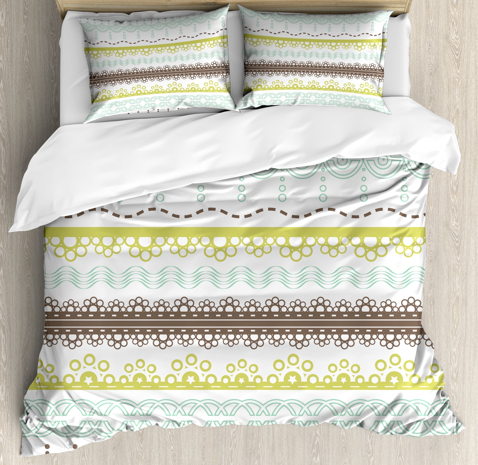 Green And Brown Duvet Cover Set Geometrical Half Circles Lines Curves Fl Design Decorative Bedding With Pillow Shams Yellow Mint