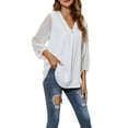 thumbnail image 3 of Liacowi Women Chiffon Blouses Casual 3/4 Sleeve V Neck Jacquard Shirt Loose Lace Patchwork Office Tunic Tops, 3 of 6