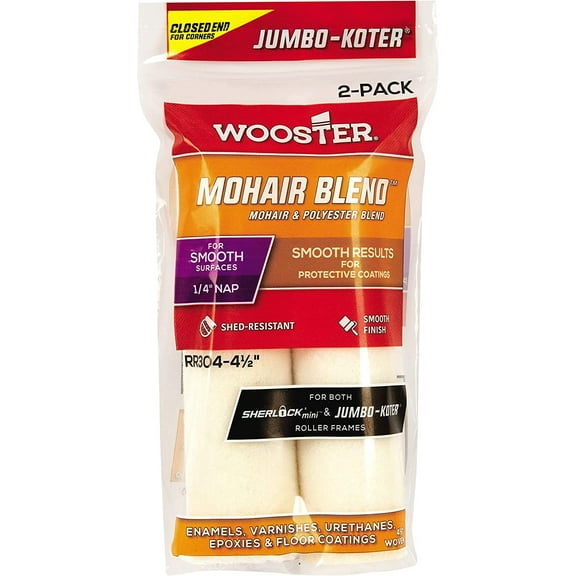Wooster Brush RR304-4-1/2 Jumbo-Koter Mohair Blend Roller 1/4-Inch Nap, 2 Pack, 4-1/2-Inch