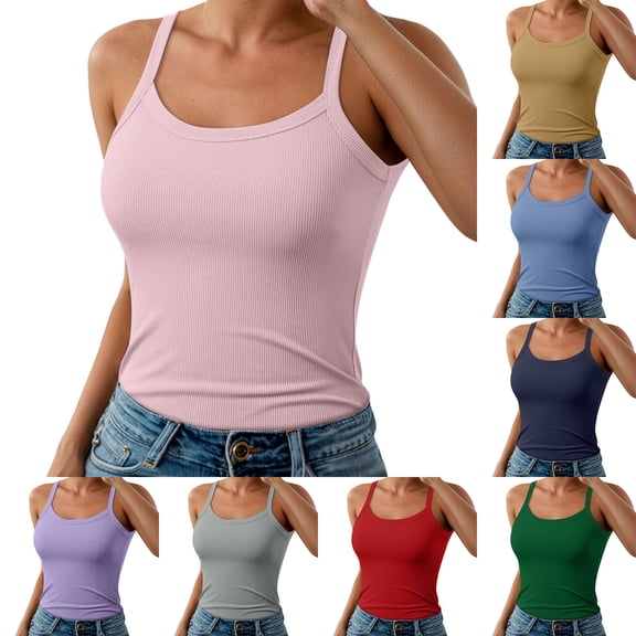MuXiKeJi Clothes Women Spaghetti Strap Scoop Neck Ribbed Tank Tops Slim Fitted Cotton Camisole Basic Sleeveless Layering Shirts