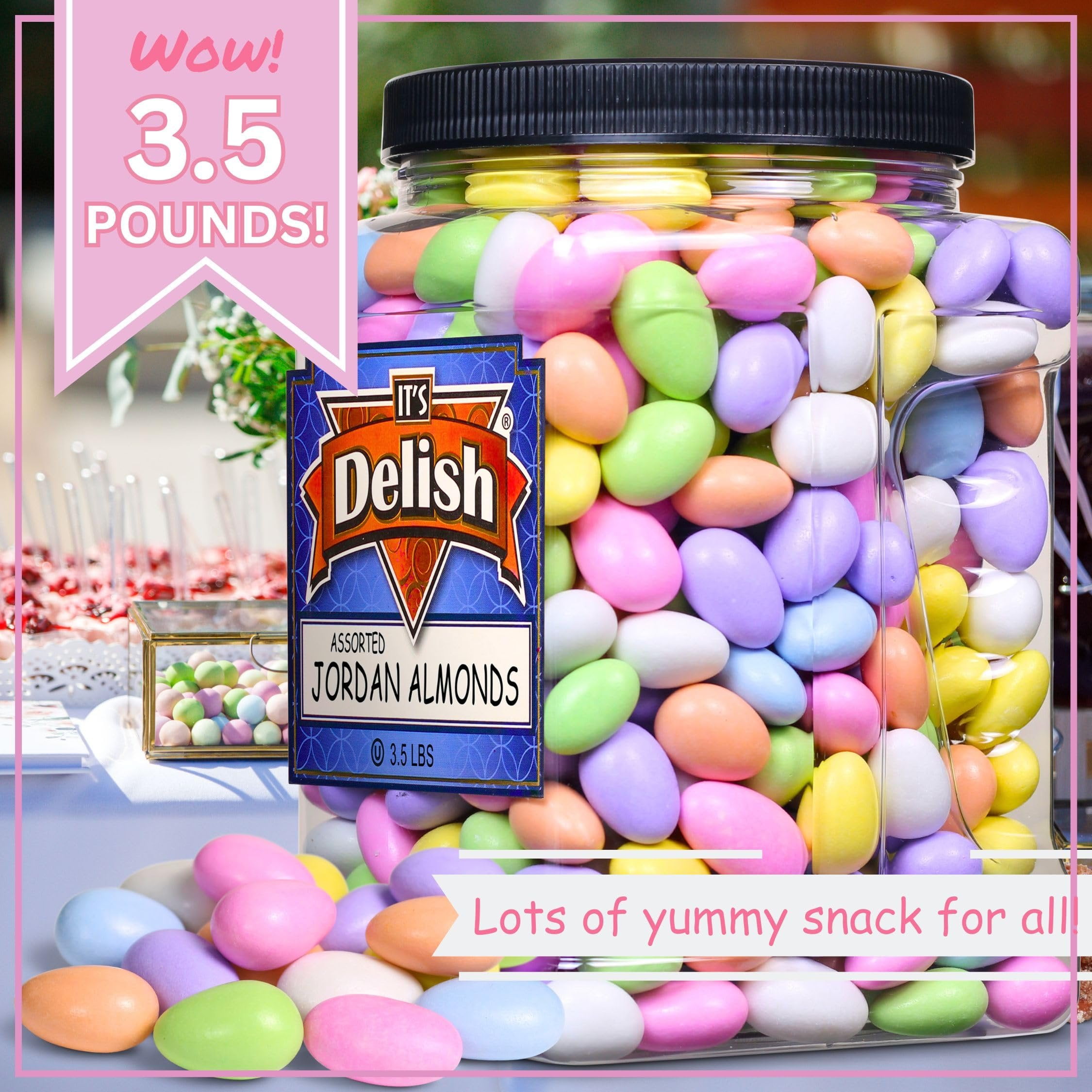 Assorted Jordan Almonds by Its Delish, 3.5 lbs Jumbo Container  Pastel Colors Kosher Almond Nut with Sweet Hard Candy Coating