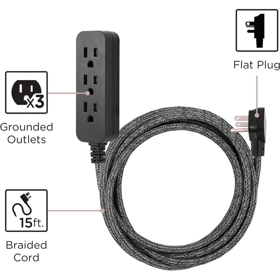 PYYAN-3-Outlet Power Strip Extension Cord with Multiple Outlets 15 Ft Braided Long Cord, Grounded Flat Plug, ETL Listed Gray 50012