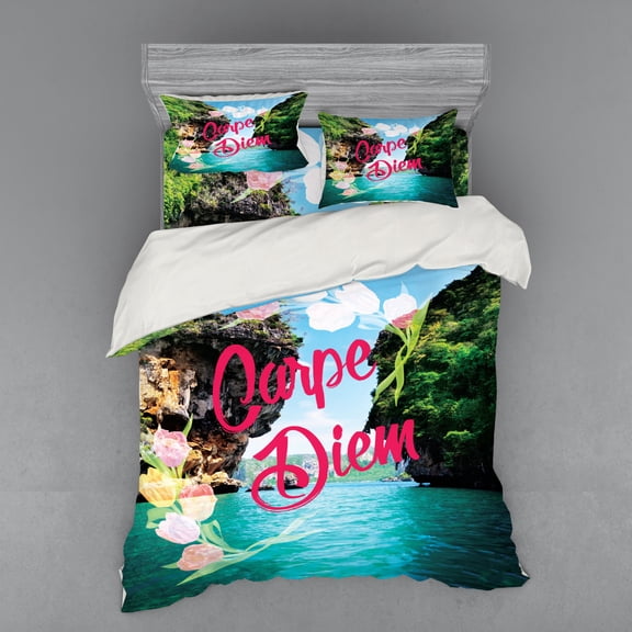 Ambesonne Saying Bedding Set 4 Pcs, Carpe Diem Message, Queen, Multicolor