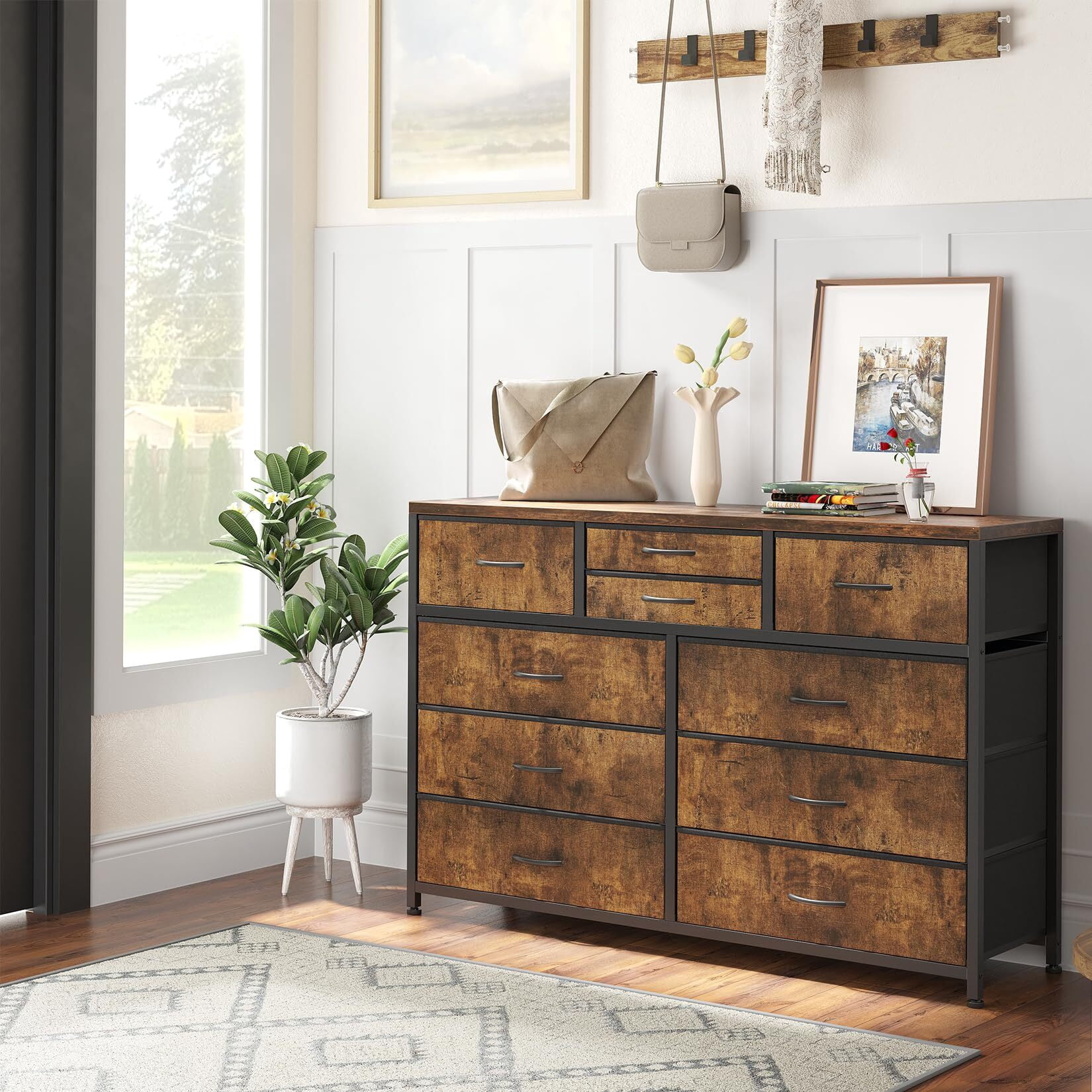 Emorefun TV Stand for 55 Inch TV, Entertainment Center with 10 Drawers for Living Room, Closet, Entryway, Hallway, Rustic Brown