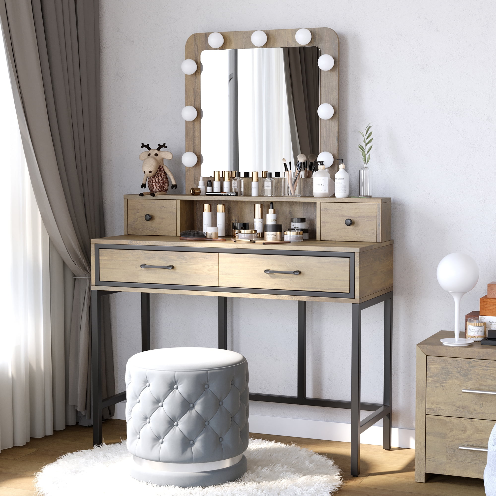 May in Color Makeup Vanity Table with 3 Color Dimmable Lighted Hollywood Mirror, Makeup Vanity with 4 Drawers , Brown