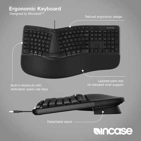 Incase Ergonomic Keyboard – Designed by Microsoft – Refined Ergonomic Design, Built-In Shortcuts Keys, Layered Palm Rest for Elevated Wrist Support, Integrated Number Pad