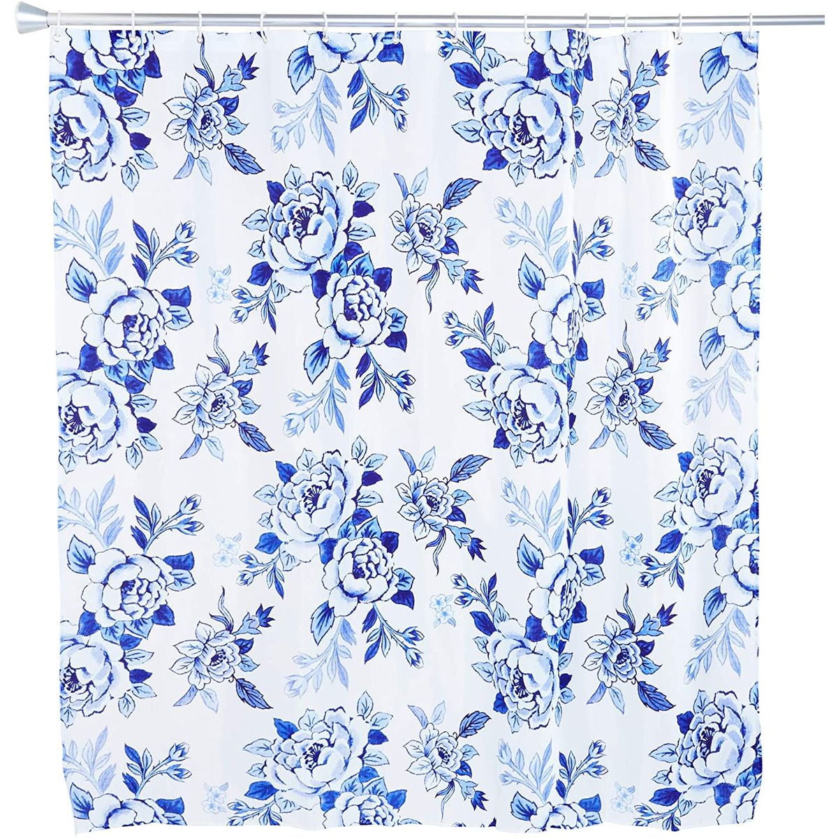 Blue Floral Bath Shower Curtain Set Polyester with 12 Hooks for Bathroom Decor 71'x71'