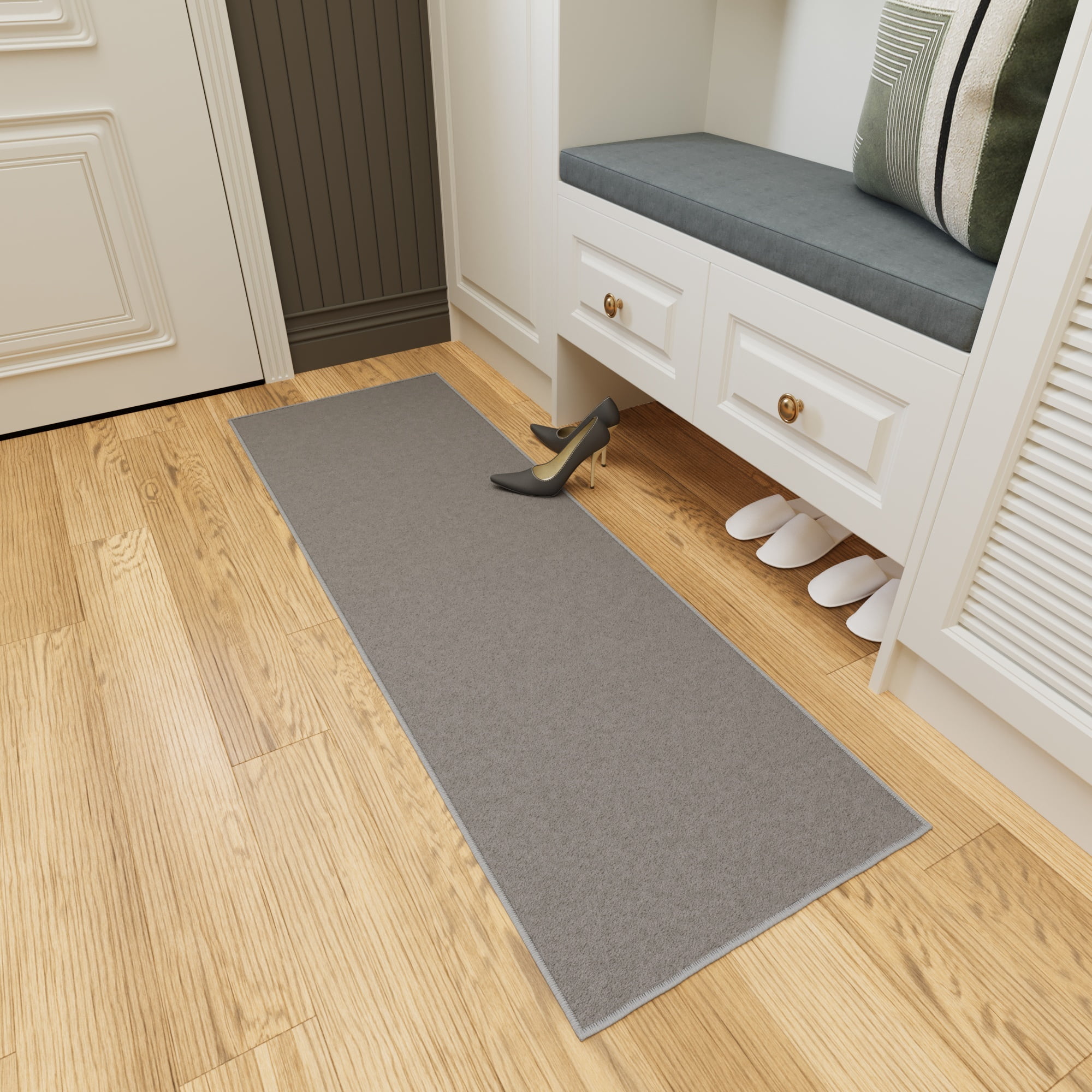 Ottomanson Solid Bathroom Runner Rug 20" x 53" - Non Slip Low Pile Carpet, Gray