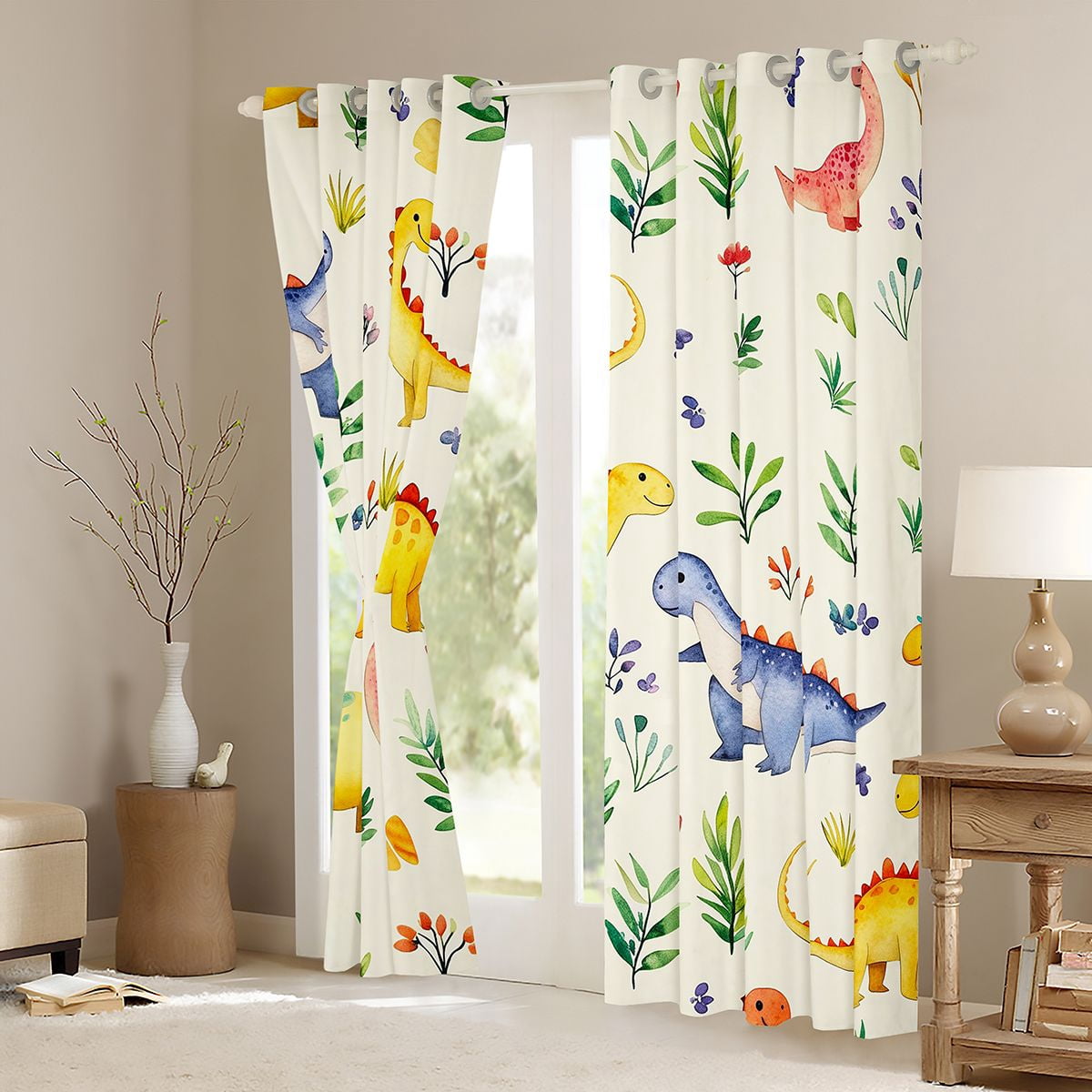 Homewish Ancient Dinosaur Curtains Pack of 2 (42x84 Each),Cartoon Dino Curtains Blackout,Beige Green Bedroom Curtains For Boys Teens,Breathable Home Decor