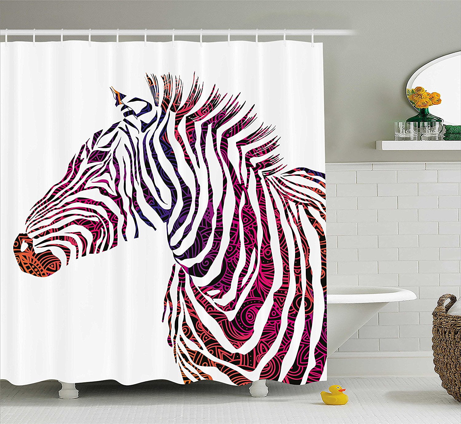 White Animal Zebra Fabric Shower Curtain Set Bathroom Decor 71" Square Black ? 