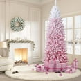 thumbnail image 3 of 6ft Pre-lit Snow Flocked Pencil Christmas Tree Fir Hinged Slim Corner Xmas Tree Holiday Decoration with 250 Incandescent Warm White Lights & 814 Snow Branch Tips, Pink Gradien, 3 of 9