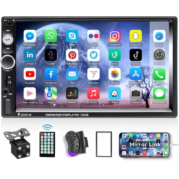 CAMECHO 7" Doble Din Car Stereo Audio Bluetooth Reproductor MP5 USB FM Radio Multimedia + 4 LED Mini Cámara de Respaldo con Volante Soporte Remoto Sincronización de Teléfono Móvil (Usado en Android/iO