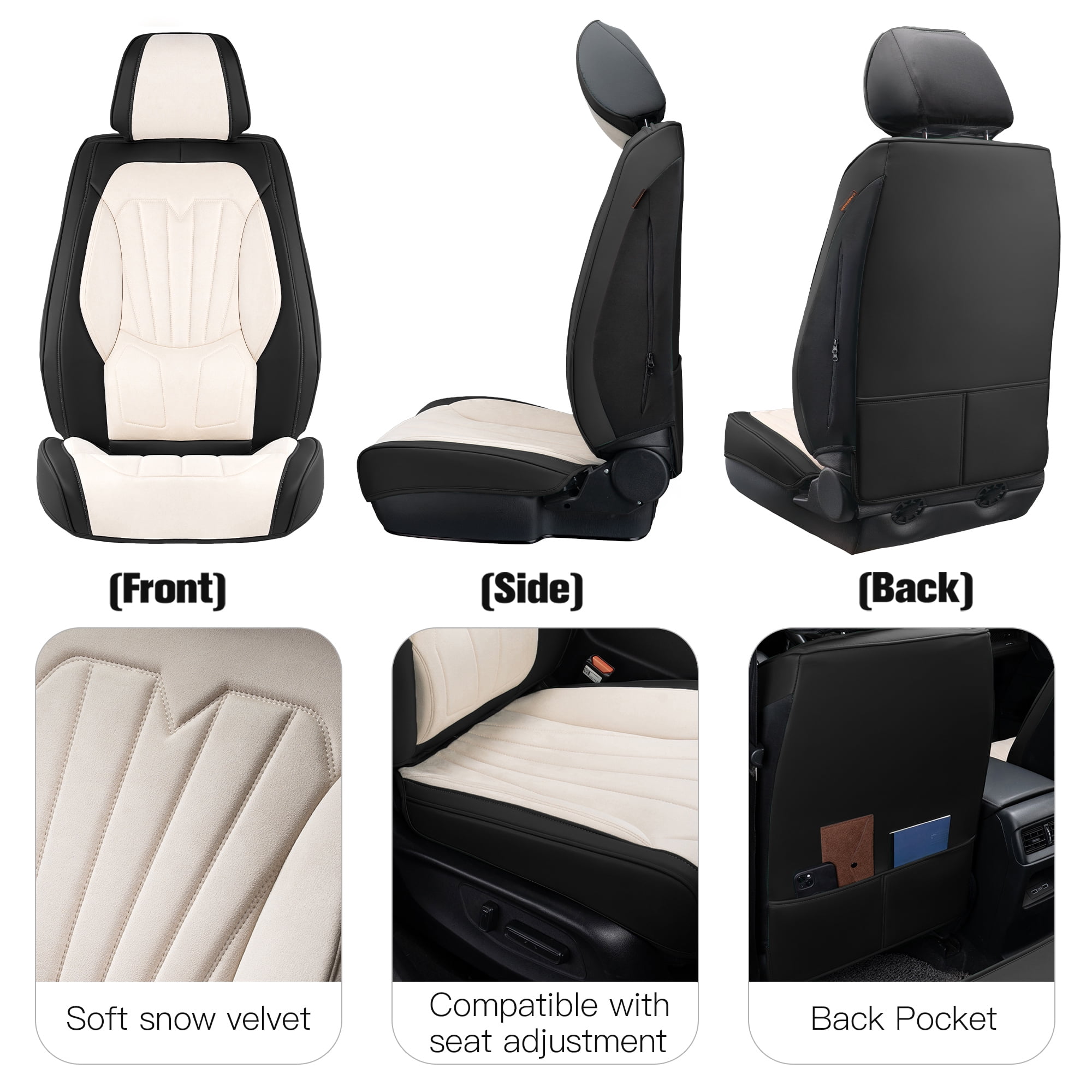 Caromop Universal Car Seat Covers Full Set,3D Foam Support in Velvet & PU Leather,Armrest Compatible for Cars, Trucks, SUVs (Beige/Black)