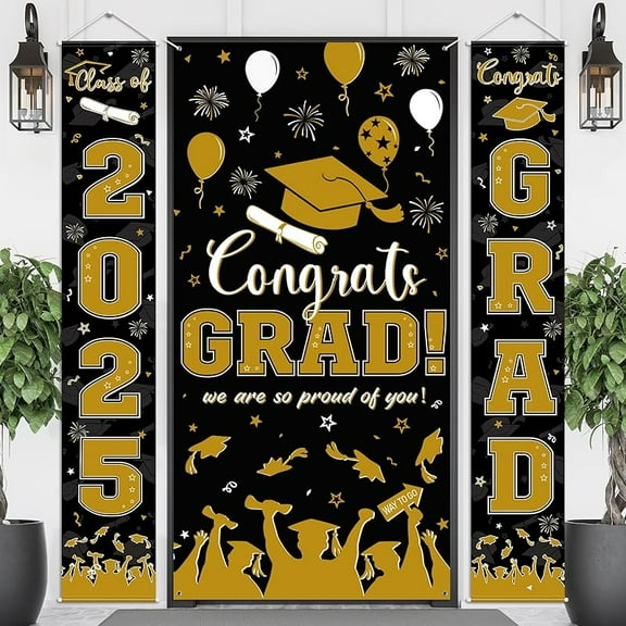 3 Pcs Graduation Door Decorations Class of 2025, Graduation Congrats Grad Door Cover Graduation Porch Sign Door Banner Background for College High School Graduation Party Supplies Decorations, Blue