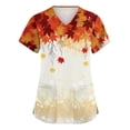 thumbnail image 2 of LNZGNM Womens Scrub Top V Neck Pocket Leaf Print Short Sleeve Loose Fit Comfortable with Pockets and Stretch Healthcare Daily Shift,Saffron(S), 2 of 6