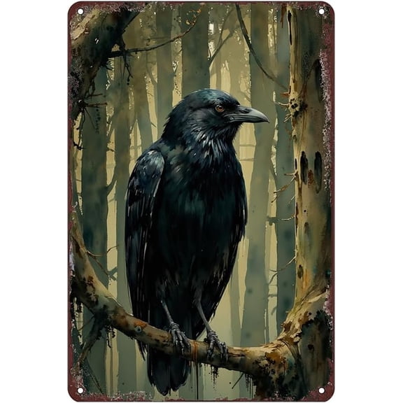 Raven Metal Sign Gothic Crow Wall Art Vintage Tin Poster 12x8 Inch Dark Forest Bird Decor for Home Bar and Gothic Room Halloween Decoration