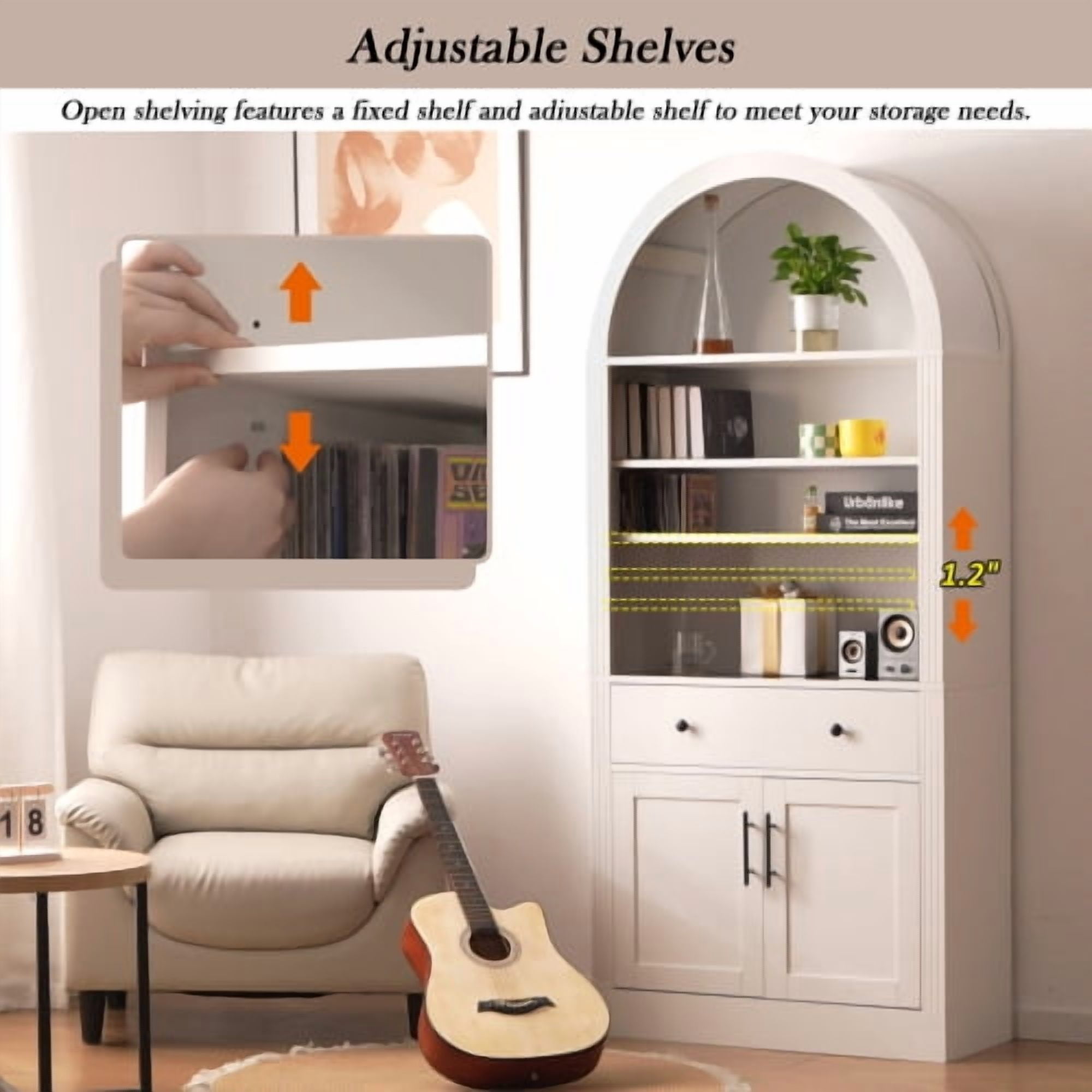 70.90"H Arched Bookshelf with Storage Cabinet, Tall Display Bookcase with Doors, Drawer & Adjustable Shelves, Freestanding Pantry Cabinet for Living Room, Home Office, Bathroom, White