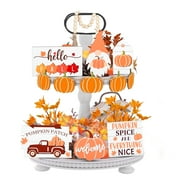 Coolmade 12 Pcs Fall Thanksgiving Tiered Tray Decor Set, Fall Pumpkin Gnome Truck Wood Sign, Yellow, 12 Count