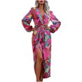 thumbnail image 2 of Robes pour Femmes Décontractées 2023 Robe Sexy à Manches Longues Col en V Contraste Taille Élastique Rose TG, 2 of 5