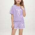 thumbnail image 2 of Lovzfmll Girl's Plaid Bow Print Short Set, Short Sleeve Round Neck Top & Elastic Shorts, Casual Outfits for Kids 5-6 Years, 2 of 8