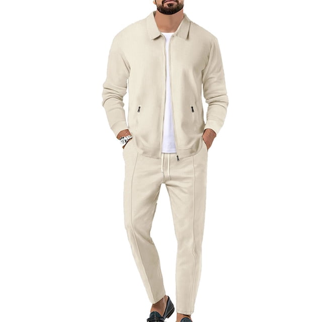 FOCUSNORM Men’s 2 Piece Tracksuit Set Long Sleeve Zip Up Waffle Jacket + Pants Set Loungewear Sweatsuit