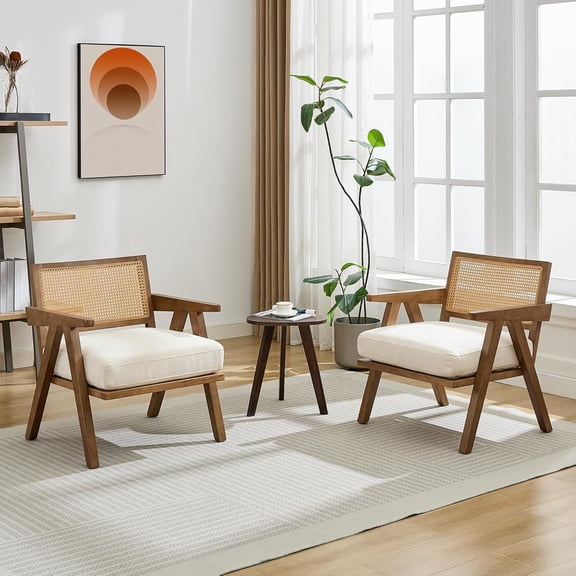 Mid-Century Farmhouse Accent Chair - Wood Armchair with Rattan Backrest & Linen Cushion for Living Room, Bedroom - Beige, Easy Assembly(2 Pcs)