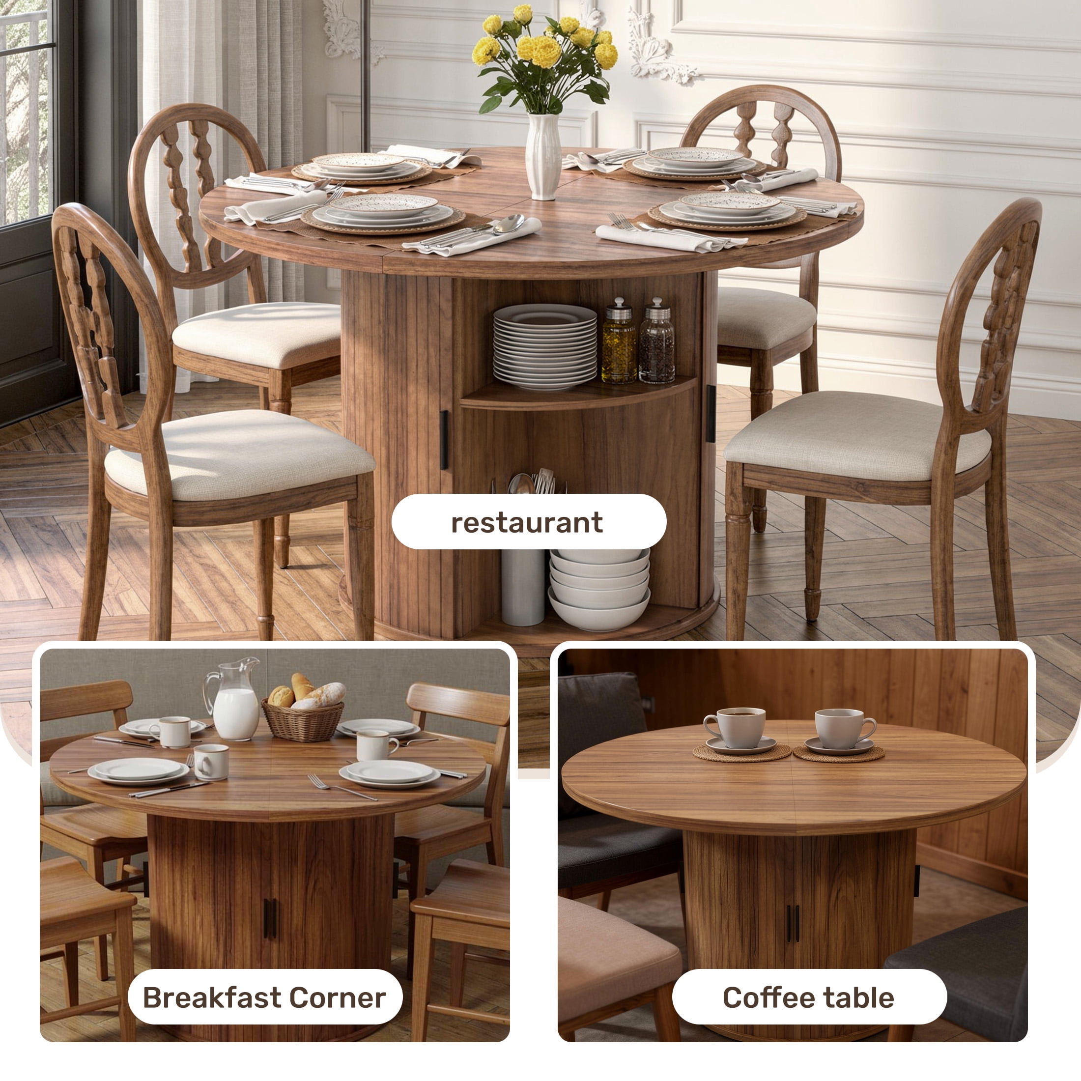 Hawsaiy 47" Round Dining Table for 4 with Sliding Door Storage Base, Waterproof Scratch-Resistant Wood Top, Modern Farmhouse Kitchen Dining Table, Walnut