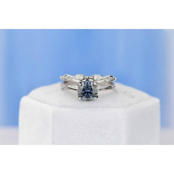 1.5Ct Round Cut Dark Gray Blue Moissanite Floral Ring Set, Size 7