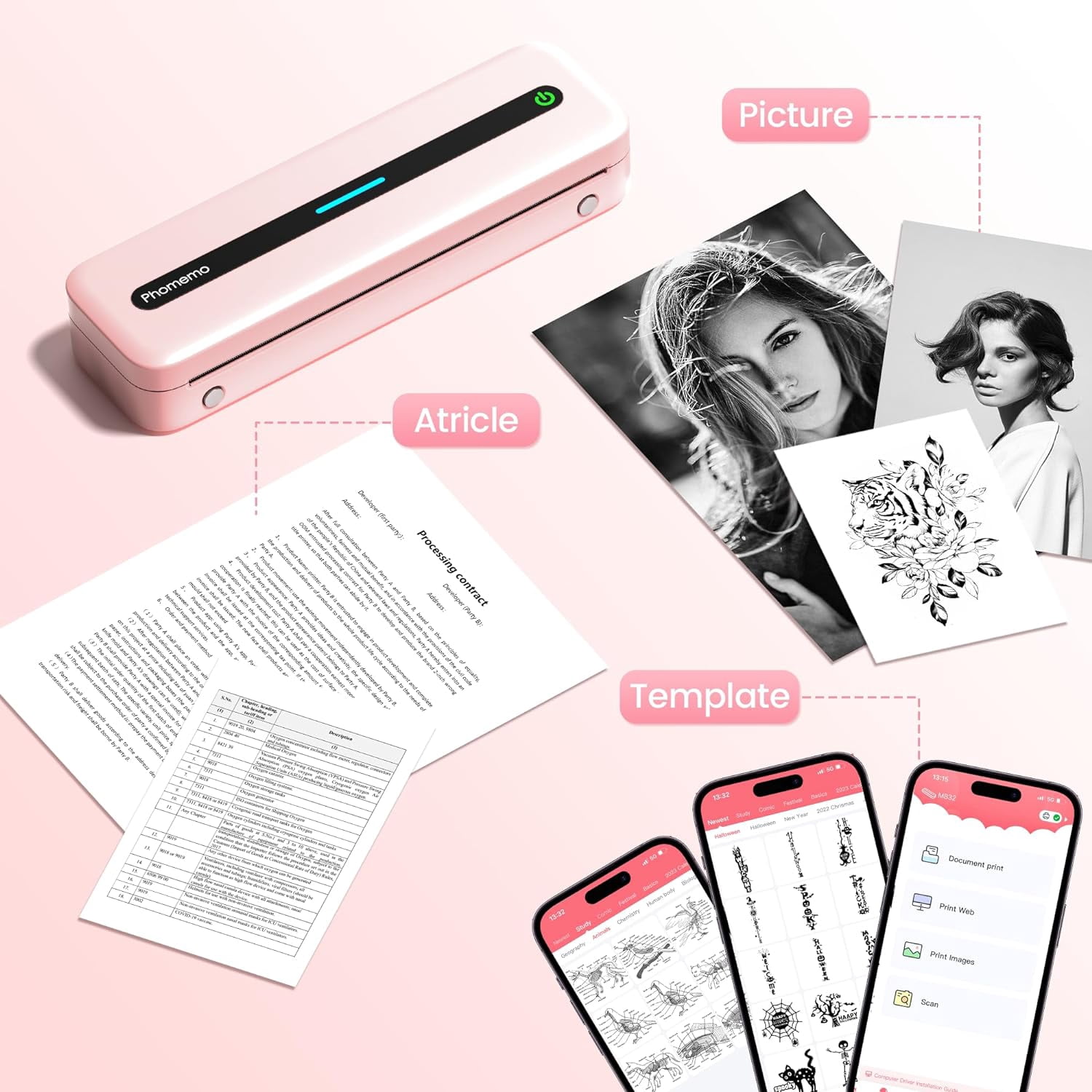 Phomemo Portable Printers Wireless, M832 Bluetooth Thermal Printer, Inkless Mobile Printer Support 8.5'' x 11'' & A4 Thermal Paper, Compatible with iPhone Android Laptop for Office Car Home Pink